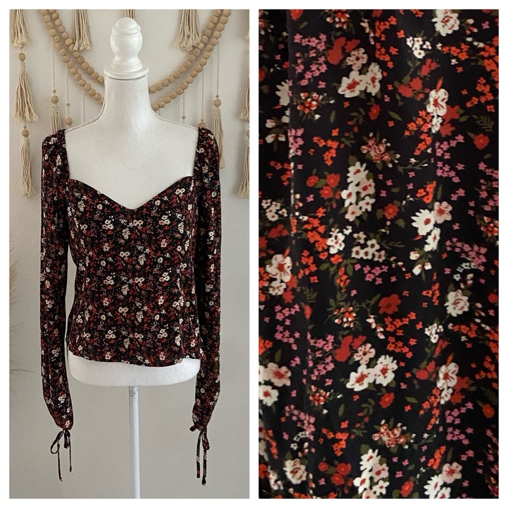 Lulus black floral cropped sweetheart top long sleeve spring blouse medium